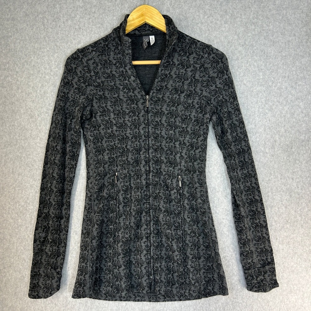 Ibex Women XS Merino Wool Juliet Full Zip Mock Neck Sweater Jacket Gray Jacquard